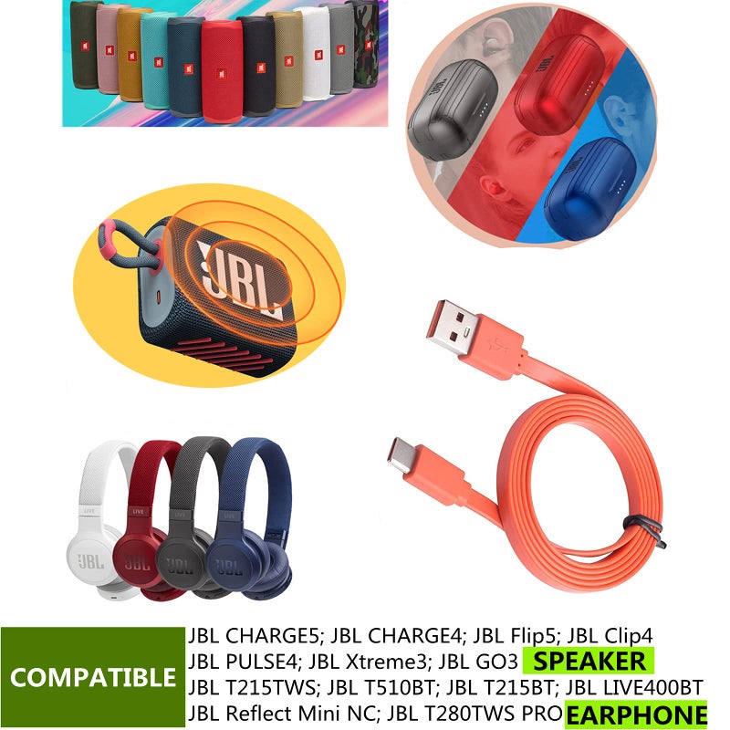Saipomor Flip6 Replacement Type-c Fast Charger CHARGE5 Charging Cable Compatible with Charge4 Clip4 Flip5 Pulse4 Xtreme3 GO3 CHARGE4BLKAM Wireless Bluetooth Speaker and T510BT Earphone(Orange) - Image 3